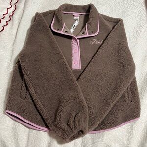 PINK Victoria's Secret Brown Fleece Pull over with Pink Trim